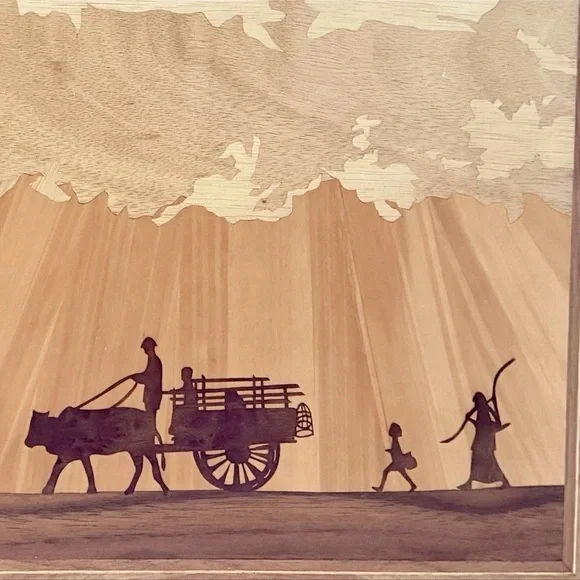 Vintage Marquetry Wood Inlay Picture Farm Folk Art Family Wall Hanging EUC - Picture 2 of 5